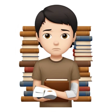 generate a pretty bratz fair skinned boy with short black hair wearing a brown tshirt surrounded by books n looking very sad sticker