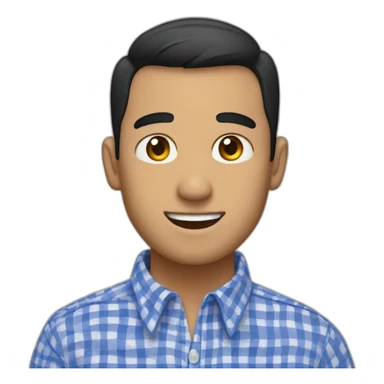 Tan man with short black hair and a gingham white/marine buttoned collar shirt sticker