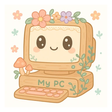 whimsical 'My PC' icon reimagined in cottagecore style: cozy wooden computer with floral accents, soft pastel colors, nature-inspired details like mushrooms, vines, and lace, blending technology with rustic, homey aesthetic sticker