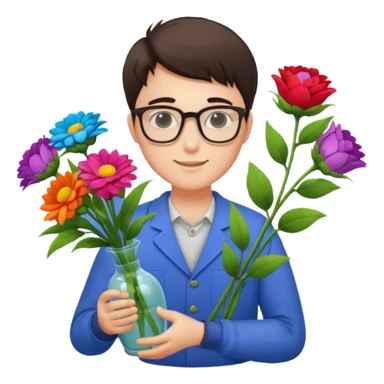 Young male florist – wearing glasses, arranging flowers in a vase. sticker