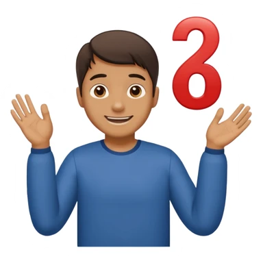 A man shrugging his shoulders with 6 abuve his left hand and 7 abuve his right sticker