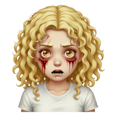 Zombie girl, curly long hair with golden locks, with bruises on her face, wearing a white t-shirt sticker