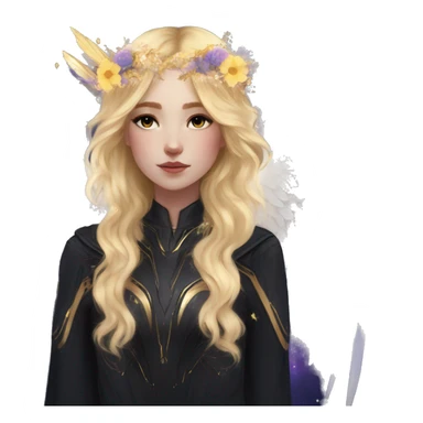 Ethereal galaxy constellation girl blonde hair angel raven wings black wings, gold arrow, nebula, flower crown sticker