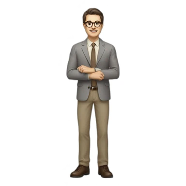 Full height Actively gesturing with hands Pale skinned fit man with dark brown hair in gray jacket, beige office shirt, brown tie, brown pants and vintage glasses. sticker