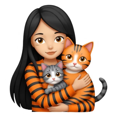 A clean girl with black long hair hugging an orange and a gray cat, both with stripes  sticker