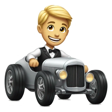 smiling boy in formal attire racing hot rod sticker