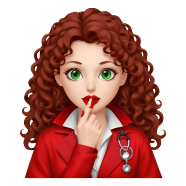Lilith symbol sexy evil woman. She has green eyes.  had brown long curly hair.  evil surgeon kills with scalpel wears red sexy doctor coat with red mouth cover red gloves. Covers nose, neck  and mouth with red cloth sticker