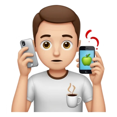 clumsy ordinary guy in classic emoji style, round head, huge shiny eyes, small mouth, awkward expression, spilled coffee on shirt, holding broken phone, thick black outline, flat vibrant colors, Apple emoji aesthetic, white background, very simple and cute sticker