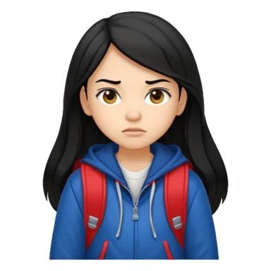 college student with annoyed face , black hair , with varsity jacket and backpack , girl, long hair,  sticker