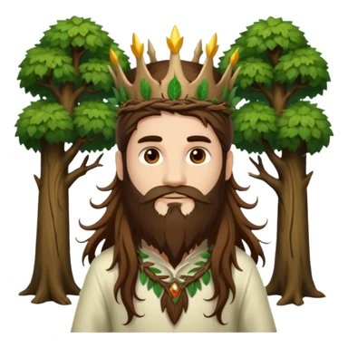 full body man long brown hair brown eyes medium beard white skin forest spirit with root crown sticker