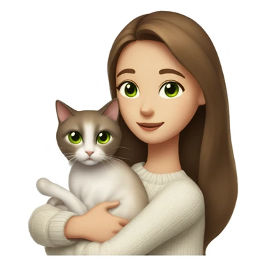 a girl with beautiful long brown hair and brown-green eyes in a white sweater, hugs a Siamese cat. sticker
