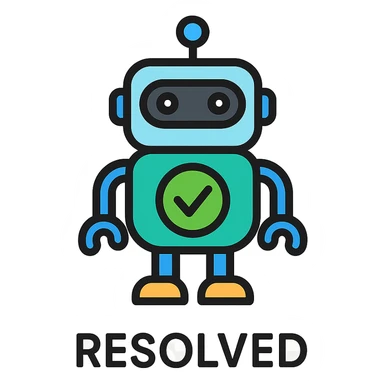 clean modern icon style robot with a green check mark on its body and a caption underneath saying 'RESOLVED' sticker