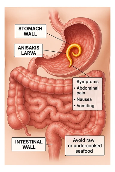 a cutaway view of the human digestive tract, showing an Anisakis larva attached to the stomach or intestinal wall. The parasite is highlighted in color, with surrounding tissue rendered in realistic detail. Educational labels describe symptoms and prevention. sticker