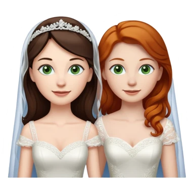 A tall, pale woman with very dark brown hair and green eyes marrying a shorter ginger woman with blue eyes, both in wedding dresses. sticker