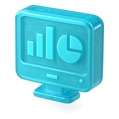 Minimalist icon of a bar chart and pie chart on a digital screen, flat design, , cyan blue sticker