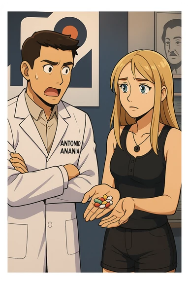 fai un webtoon/manga a colori con questo kinesiologo in camice bianco (fagli la scritta "ANTONIO ANANIA" SUL CAMICE) CHE PARLA CON QUESTA RAGAZZA CON GLI OCCHI AZZURRI. LA RAGAZZA HA UN PUGNO DI INTEGRATORI IN MANO (TANTE PILLOLE DIVERSE) E LE GUARDA DUBBIOSA. IL KINESIOLOGO CON IL CAMICE BIANCO LE DOMANDA UNA COSA SCIOCCATO. NON FARE I FUMETTI, FAI SOLO LORO COME SE DIALOGASSERO sticker