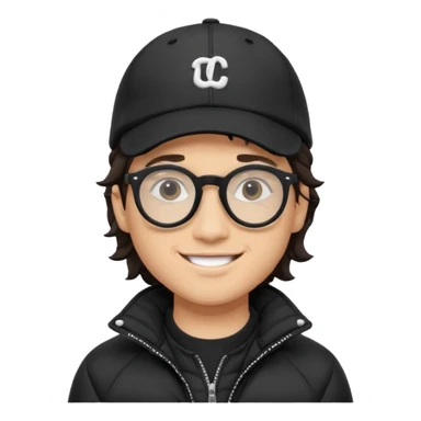 Young man wearing a black puffer jacket, black baseball cap, round black glasses, wavy hair peeking out from under the cap, smiling
 sticker
