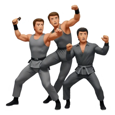 Icon for Action Movies: Collage of photorealistic actors Arnold Schwarzenegger and Sylvester Stallone in iconic action poses, surrounded by explosions, weapons, and martial arts moves. The design should capture the high-energy, dynamic nature of their films. Transparent background. sticker