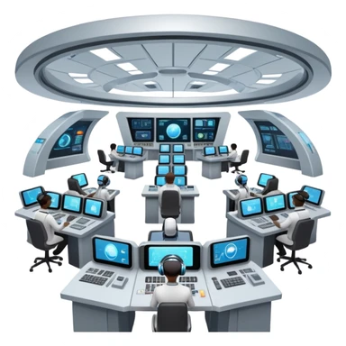 futuristic space mission control room with holographic displays and mission controllers at stations sticker