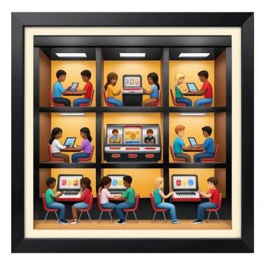 Birdseye view of large study space with students working separately add students add a jukebox sticker