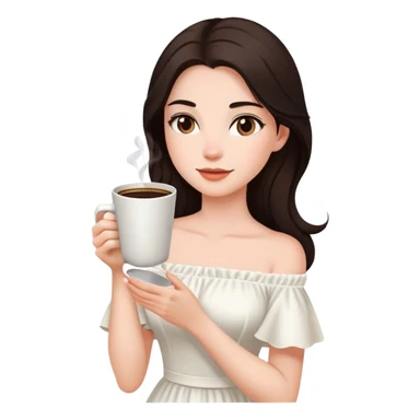 Beautiful woman in 1950’s woman fashion look, off-shoulder white dress, long dark brown hair, coffee sticker