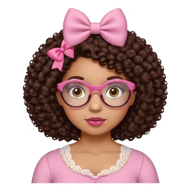 medium-light kinned afro-latina girl with medium length chocolate brown side part curly hair, small pink bow, brown glasses, brown eyes, pink and white sweetheart necklined top with lace, round wide-ish nose, chubby oblong face sticker