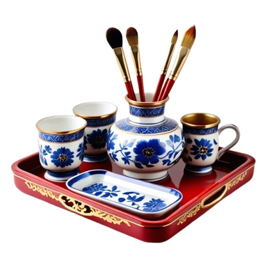 Metal painting icon, a metal vase, tray and metal cup with 3 brushes, each decorated with different techniques: Gzhel-style blue floral patterns, Chinese red and gold designs, and intricate Golden embroidery-style details. Visible fine paintbrush, paint pots, and accessories like porcelain palette, minimalistic style, clean lines, transparent background. sticker