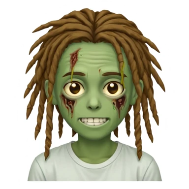 zombie teen with brown dreads covering forehead white tee golden eyes light green skin  and white smile sticker