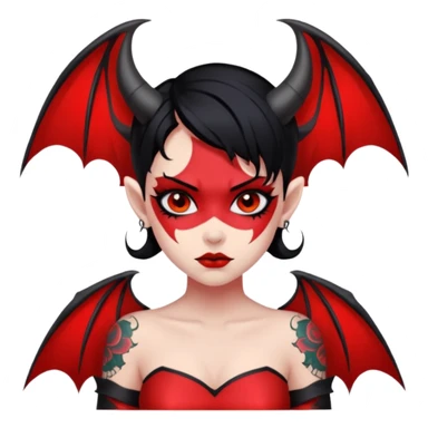 Demon girl: red skin, black hair, small horns, bat wing; tattoo-flash comic style; red/black palette; bold outlines; dark background; no text. sticker