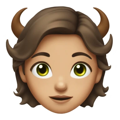 A girl with green eyes and brown hair shows a fac. The girl has demon horns on her head sticker