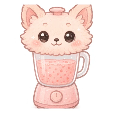 soft kawaii fluffy fox blender with transparent body and fruity smoothie inside, sparkling eyes, pastel pink, full-body sticker
