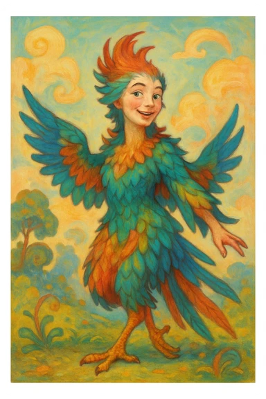 hybrid bird woman with mostly bird features, fantasy style, any bird species, whimsical and playful, colorful feathers, lighthearted expression sticker