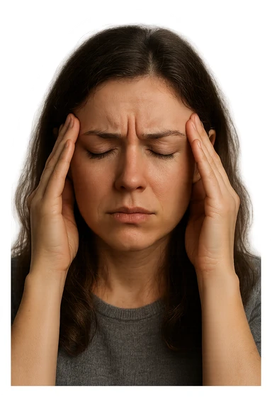 donna con  espressione ansiosa che si tocca le tempie con gli occhi chiusi, iperrealistiche 4k sticker