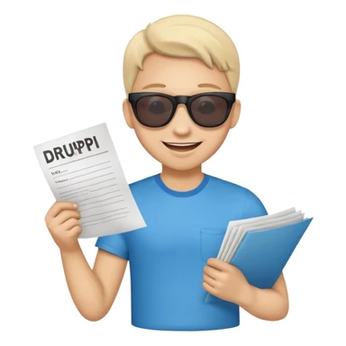 Смайлик в крутых очках, держит листок на котором написано «druppi sale” улыбается,а потом переворачивает листок и надпись изменяется на «лучшие шмотки» sticker