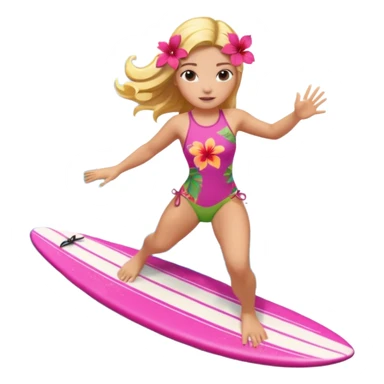cute female surfer riding waves, hibiscus flower in hair, tropical swimsuit, colorful surfboard with Hawaiian patterns, water splash, 3D cartoon, mobile game icon style, clean background, no text sticker