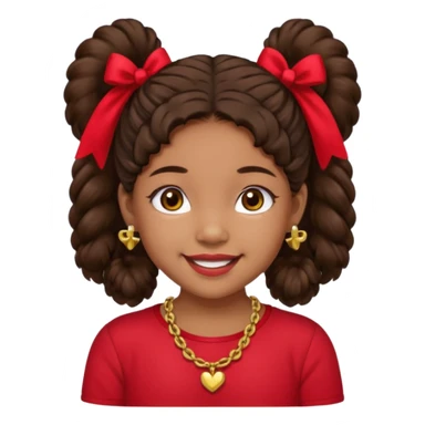 Brownskin girl dark brown hair fluffy. pigtails with red bows brown eyes smiling closed mouth red shirt gold esrrings gold necklace sticker