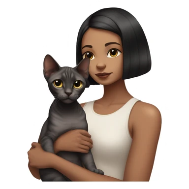 a girl with a dark bob haircut holds two sphinx cats in her hands, one cat is pink, the other is black and white sticker