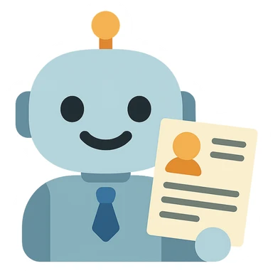 Make the recruiter robot emoji much cuter and more friendly, masculine, in apple style, flat, smiling, holding a resume, with a transparent background. sticker