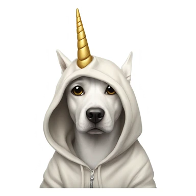 A dog wearing a hoodie with a unicorn horn sticker
