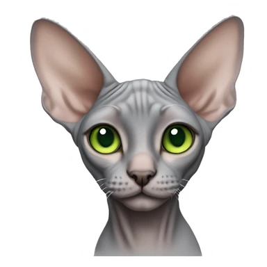 Please make an emoji of a cute grey sphynx cat with green eyes with little bit of fur on his ears sticker