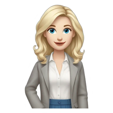 pale skin woman interior designer with cold blonde middle length hair, blue eyes, White blouse, Gray oversize jacket, Gray skirt holding a color palette in the hands sticker