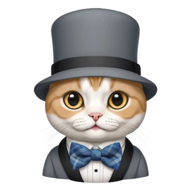 Cinsi scottish fold olan rengi Gri beyaz olan şapka ve papyon takan kedi sticker