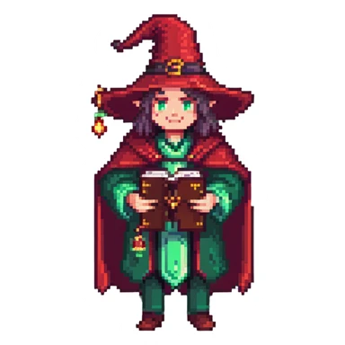 Red wizard CEO with spellbook and money pouch, fantasy RPG guild leader, pixel art style sticker