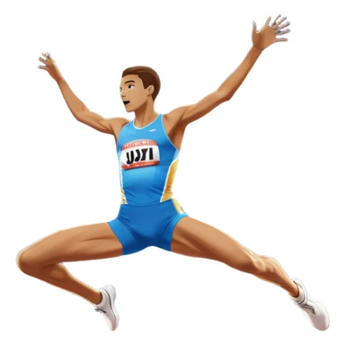 An icon showing a high jumper in mid-air, soaring over a bar in a track and field event. The background features a stadium with cheering fans, bright lights, and a clear blue sky. The athlete’s form captures the grace and power of the jump. Transparent background highlights the dynamic moment sticker
