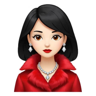 * Character: A stylish lady,black hair
* ﻿﻿Clothing: A luxurious red fur coat
* ﻿﻿Accessories: A dazzling diamond necklace
* ﻿﻿Expression: Confident, elegant, maybe slightly glamorous
* ﻿﻿Pose: Head slightly tilted or a poised posture
* ﻿﻿Style: Emoji-like, simple but expressive sticker