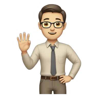 To belt Actively gesturing with hands Pale skinned fit man teacher with dark brown hair in gray jacket, beige office shirt, brown tie, brown pants and vintage glasses. sticker