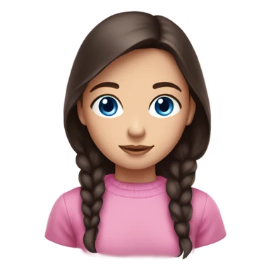 girl with blue eyes and dark brown hair with a pink sweather sticker