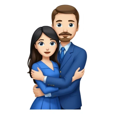 tall white man with brown hair goatee mustache hugging a pale woman with long black hair, wearing blue formal clothing sticker