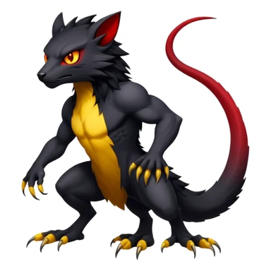 a black exotic edgy vernid-fionbr-Fakémon-creature, with red belly and yellow eyes, full body sticker