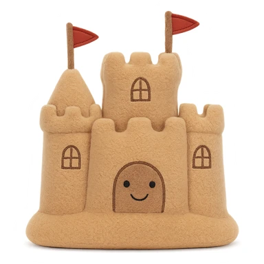 a plush jellycat toy designed as a whimsical sand castle, with embroidered windows and flags sticker